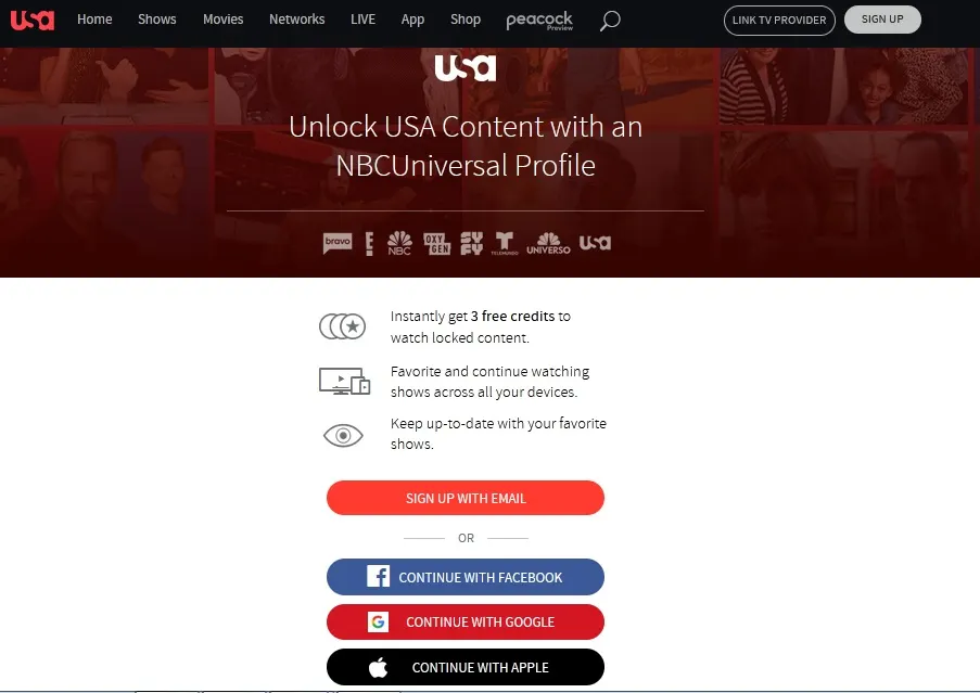 USA Network Sign Up Page