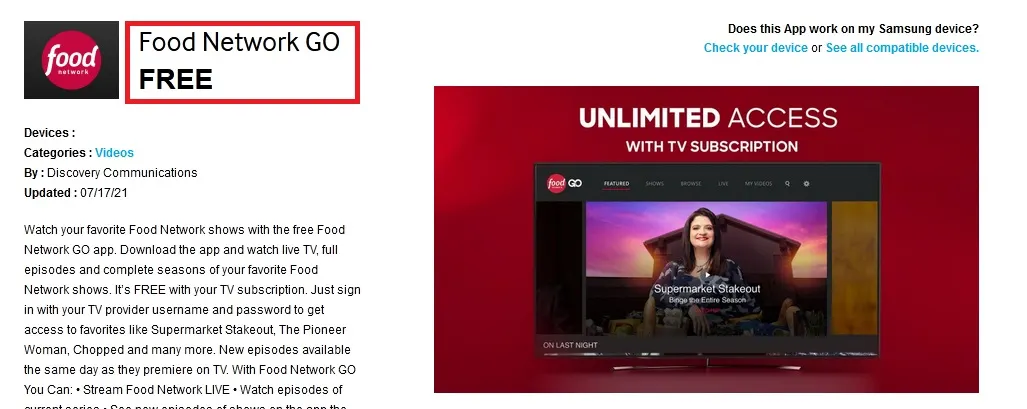 watch foodnetwork com activate on Samsung Smart TV